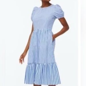 J. Crew short sleeve cotton blue with white stripes dress with pockets 14